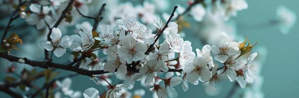 ai généré Cerise fleur dans printemps dans la nature sur bleu Contexte photo
