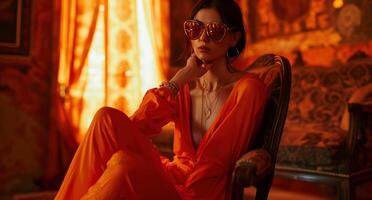 ai généré une grand, maigre femme portant Orange un pantalon et des lunettes de soleil est assis sur une chaise. photo