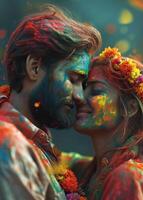 ai généré des couples célébrer le Holi Couleur festival. photo