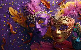 ai généré coloré plumes sur une violet Contexte de carnaval masques. photo