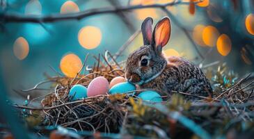 ai généré Pâques lapin et coloré des œufs près printemps fleurs photo