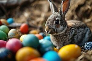 ai généré Pâques lapin et coloré des œufs près printemps fleurs photo