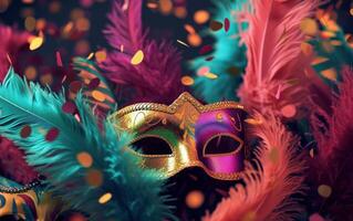 ai généré coloré plumes sur une violet Contexte de carnaval masques. photo