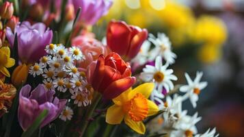ai généré une fermer coup de une bouquet de Frais printemps fleurs comprenant tulipe photo