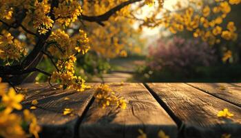 ai généré en bois table dans une boisé zone avec printemps fleurs. photo