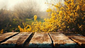 ai généré en bois table dans une boisé zone avec printemps fleurs. photo