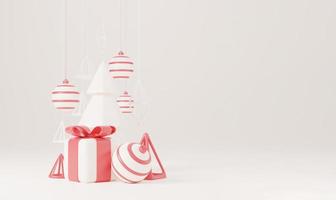 Arbre de Noël 3D avec boîte-cadeau rouge et fond blanc de boule, affiche de Noël, bannière web. illustration de rendu 3d style minimal concept de noël et nouvel an photo