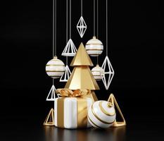 bannière de rendu 3d de luxe de Noël ou carte de voeux. décoration minimaliste moderne du nouvel an et de noël en or et noir avec arbre, bonbons, boule, coffret cadeau sur fond noir photo