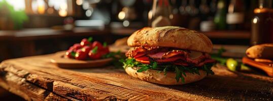 ai généré une Viande sandwich sur en bois table Haut photo