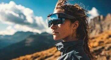 ai généré une fille équitation une bicyclette dans le montagnes portant des lunettes de soleil photo