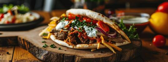 ai généré une gyro sandwich est sur une en bois conseil, exotique atmosphère photo