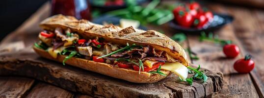 ai généré une sandwich avec Viande, fromage et des légumes sur une en bois planche photo