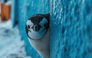 ai généré une petit manchot regards par une bleu mur photo