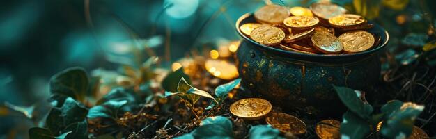 ai généré une pot rempli avec or pièces de monnaie cette supporter sur vert feuilles photo