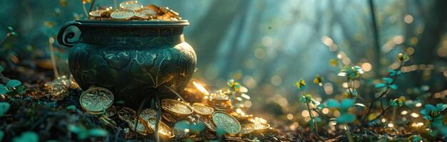 ai généré une pot rempli avec or pièces de monnaie cette supporter sur vert feuilles photo