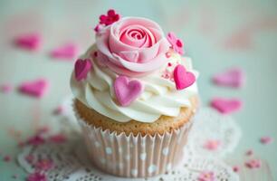 ai généré une blanc petit gâteau avec rose des roses et cœurs photo