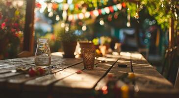 ai généré une en bois table réglage autour un Extérieur patio table avec bruant photo