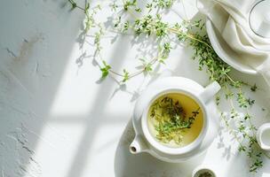 ai généré une blanc thé pot sur Haut de une blanc surface avec herbes photo