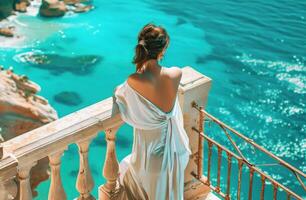 ai généré une femme dans une blanc robe séance sur une balcon surplombant turquoise l'eau photo