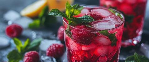 ai généré boisson avec framboise, menthe feuilles et citron, aux lignes épurées photo