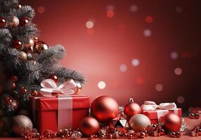 ai généré Noël Contexte avec rouge cadeau des boites et Noël arbre photo