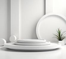 ai généré blanc rond table avec les plantes et circulaire objets photo