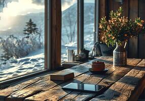 ai généré coupe de génération de café sur en bois table dans de face de le fenêtre avec magnifique hiver paysage.ated image photo