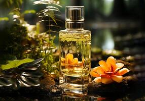 ai généré bouteille de parfum séance sur une Roche avec une fleur photo