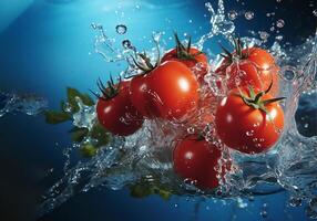 ai généré tomates chute dans l'eau avec éclaboussure sur bleu Contexte. en bonne santé nourriture concept généré image photo