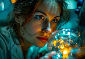 ai généré Jeune femme à la recherche à une lumière ampoule dans une foncé chambre. le fille regards à le lampe. photo