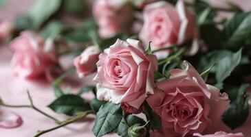 ai généré un arrangement de rose des roses avec vert feuilles sur rose papier, photo