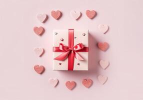 ai généré la Saint-Valentin journée salutation carte avec cadeau boîte et cœurs sur rose Contexte photo