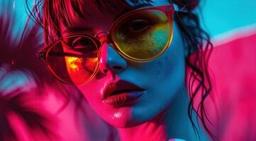 ai généré magnifique Jeune femme dans rouge et Jaune des lunettes de soleil photo