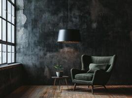 ai généré fauteuil à côté de abat-jour sur noir mur photo