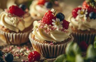 ai généré petits gâteaux couvert dans Glaçage, baies et fleurs photo