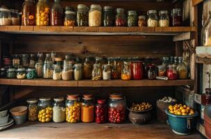 ai généré un vieux en bois étagère avec beaucoup fruit pots photo