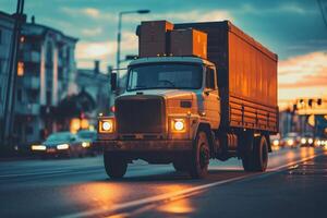 ai généré livraison un camion dans le route avec des boites photo