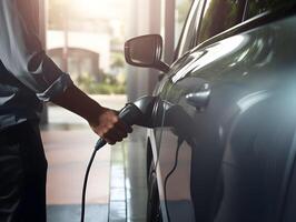 ai généré homme mise en charge le sien électrique voiture photo