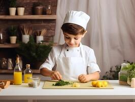 ai généré une caucasien garçon habillé comme une chef et en train de préparer nourriture dans cuisine. photo