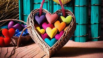 ai généré coloré cœurs dans une panier sur une en bois Contexte. la Saint-Valentin journée. photo