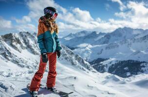 ai généré héros coup snowboard fille sur le Haut de neigeux Montagne photo