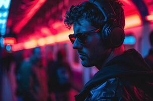 ai généré homme dans des lunettes de soleil et écouteurs dans une fête à une train station photo