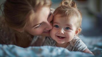 ai généré femme et enfant embrassement un un autre, maman est réconfortant une bébé, magnifique conceptuel image de enfant se soucier, génératif ai photo