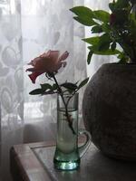 une vase avec une Rose dans il séance sur une table photo