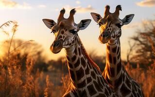 savane sérénité girafes, zèbres, et vif le coucher du soleil photo