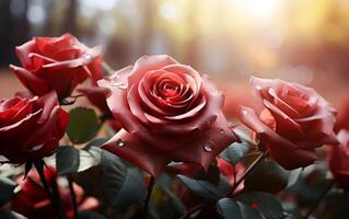 fleurit dans rouge symphonie une grappe de des roses ensemble contre une rouge Contexte avec bokeh photo