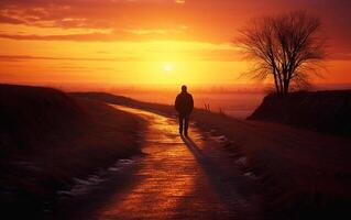 errant dans le coucher du soleil seul figure sur une silencieux route photo