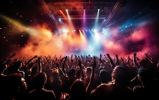 dynamique concert foule en dessous de coloré étape lumières avec confettis photo