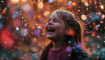 ai généré photo de Jeune fille en riant et lancement confettis