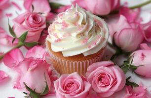 ai généré petit petit gâteau entouré par rose des roses et blanc Glaçage photo